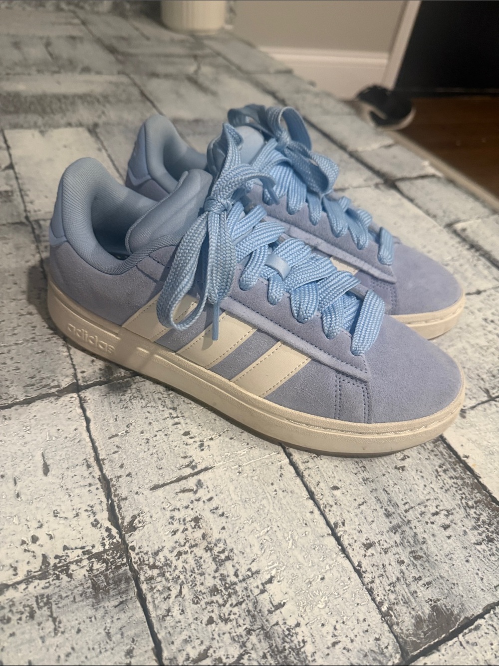 adidas Women's Light Blue Suede Sneakers with Cream Stripes